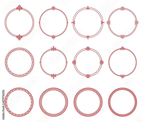 Round red Asian frames and borders, Japanese, Korean and Chinese patterns, vector. Oriental asian circle line pattern ornaments and embellishments of isolated round border frame