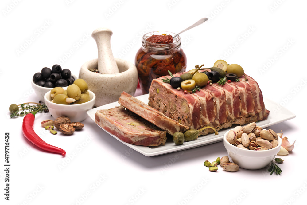 Traditional French terrine covered with bacon isolated on white background Traditional French terrine covered with bacon isolated on white background