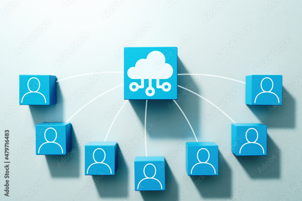 Cloud computing concept. Cloud server and users. Top view of many wood cubes with computer icons. Cloud computing concept. Cloud server and users. Top view of many wood cubes with computer icons.