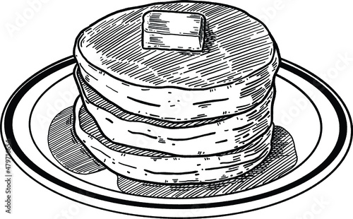 Pancake with butter Sweet dessert Hand drawn line art Illustration