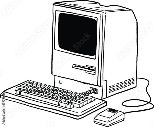 Computer desktop Retro old fashion Equipment collection Hand drawn Line art Illustration