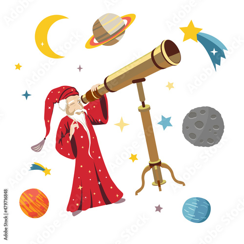 The astronomer looks through a telescope. Moon, planets, stars, kamets.