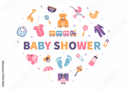 Baby Shower Little Boy or Girl with Cute Design Toys and Accessories Newborn Babies Background Illustration for Invitation and Greeting Cards