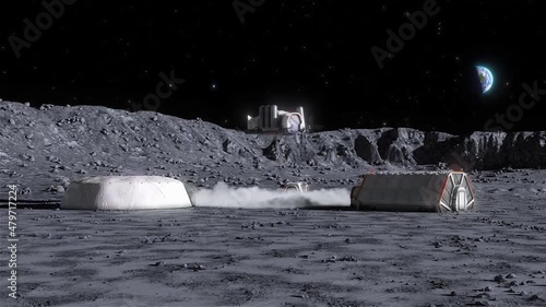 Exploration of the moon, deployment of the lunar station. Lunar colony. 3D animation.