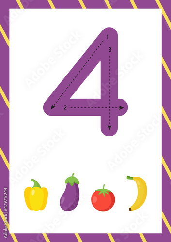 Cute flashcard how to write number four. Worksheet for kids.
