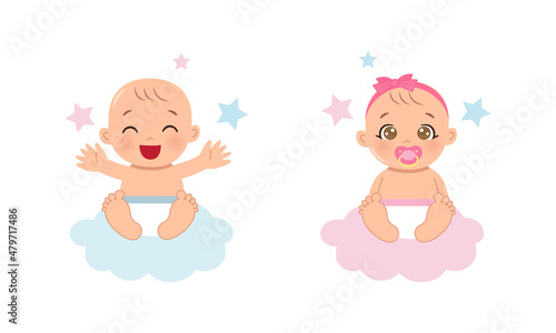 Cute baby boy and girl sitting on the cloud. Flat vector cartoon design