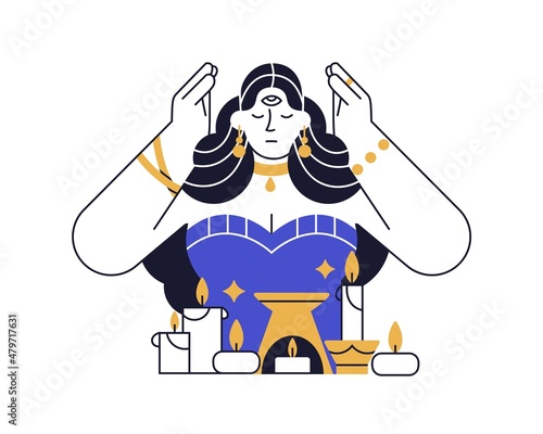 Witch during magic esoteric ritual with candles. Clairvoyant woman invoking spirits. Psychic medium telling future. Magician practicing rite. Flat vector illustration isolated on white background