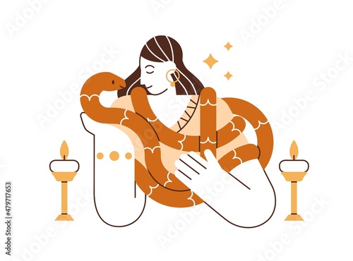 Witch and magic snake. Clairvoyant with candles during mystic esoteric witchcraft. Wizard woman and mysterious animal. Flat vector illustration of sorceress, medium isolated on white background