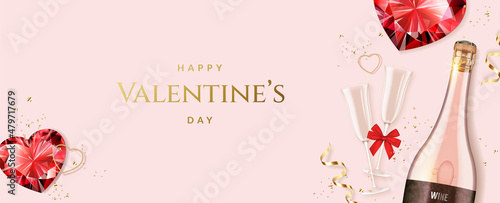 Romantic Valentine's Day background with champagne and champagne flutes and red diamond hearts with golden confetti.