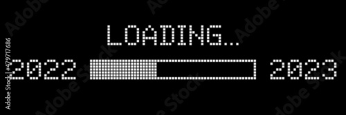 Pixel Loading Progress from 2022 to 2023 Year. Pixelated Progress Bar Showing Loading of 2023 year on Black Background. Isolated Vector Illustration