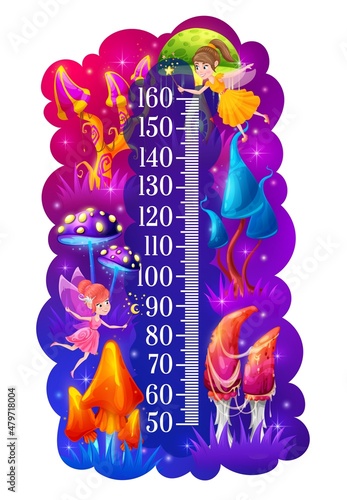 Kids height chart, cartoon fantastic magic mushrooms, fairy and sorceress, vector growth meter. Kids measure ruler or baby tall scale with luminous witch toadstool mushrooms and magic pixies
