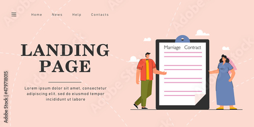 Groom and bride standing next to folder with marriage contract. Tiny wife and husband signing prenuptial agreement flat vector illustration. Convention, wedding, family concept