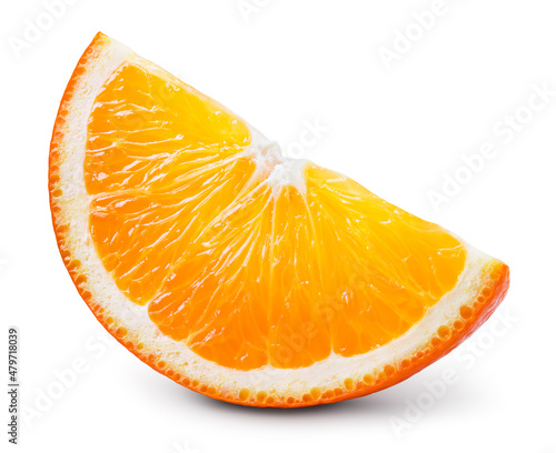 Orange slice isolated. Cut orange slice on white background. Orang fruit with clipping path. Full depth of field.