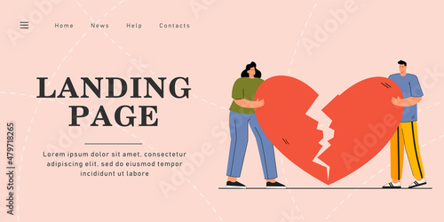 Man and woman holding broken heart flat vector illustration. Cartoon male and female characters standing and holding halves of heart. One-way love, unhappy relationship concept.