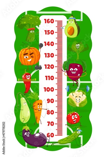 Kids height chart, cartoon vegetables. Athletes on sport field, vector growth meter ruler scale with veggies on fitness, spinach and pumpkin, broccoli and avocado, carrot, eggplant, tomato, cucumber