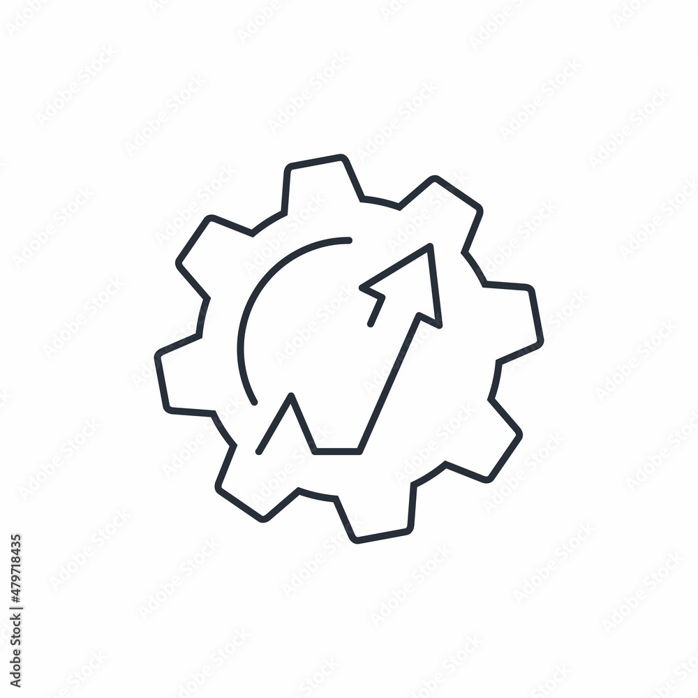 Gear and movement arrow. New technical direction. Vector linear icon isolated on white background. Gear and movement arrow. New technical direction. Vector linear icon isolated on white background.