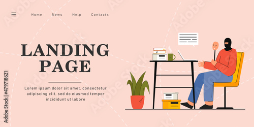 Hacker sitting with laptop trying to scam victim on internet. Fraud artist working at home flat vector illustration. Online crime, cybercrime concept for banner, website design or landing web page.