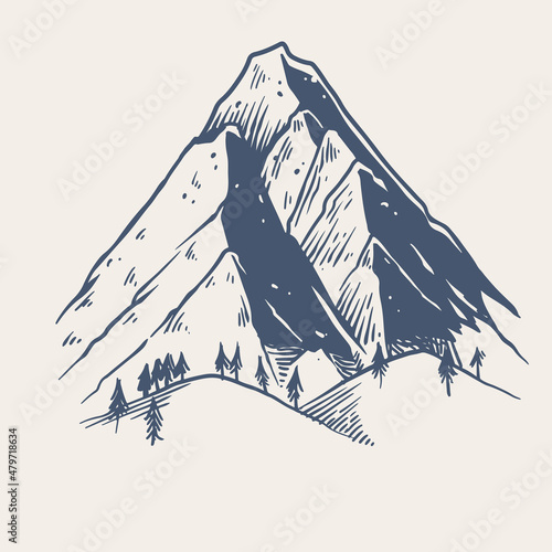 Hand drawn of two big rock Mountain with small pine trees in the mountains. Perfect for banner, poster and sticker.