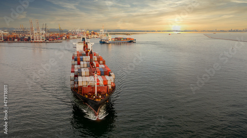 Aerial view container ship at industrial port import export global business company logistic transportation international by container ship, Container cargo vessel freight ship industrial.