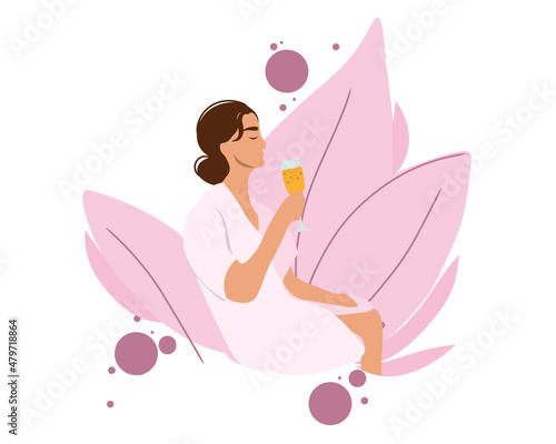 The bride drinks champagne in a peignoir. Beautiful young woman in a pink wedding robe with a glass of champagne in her hand. Morning of the bride. Wedding morning. Flat vector illustration