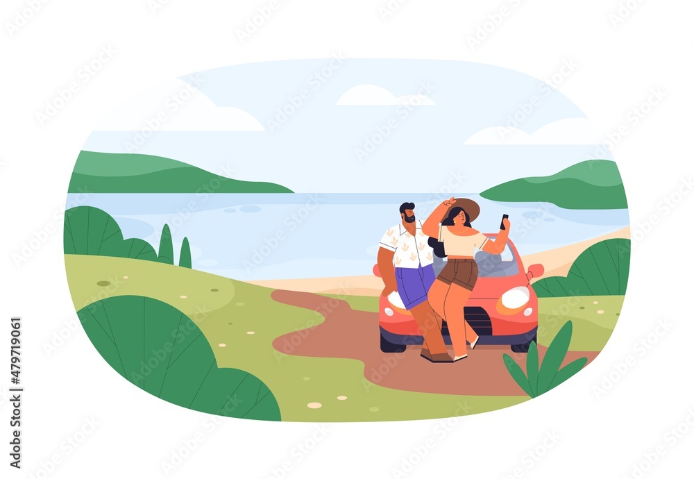 Couple take selfie photo near car by water during summer holiday travel. Happy man and woman at romantic summertime journey. People at coastline. Flat vector illustration isolated on white background