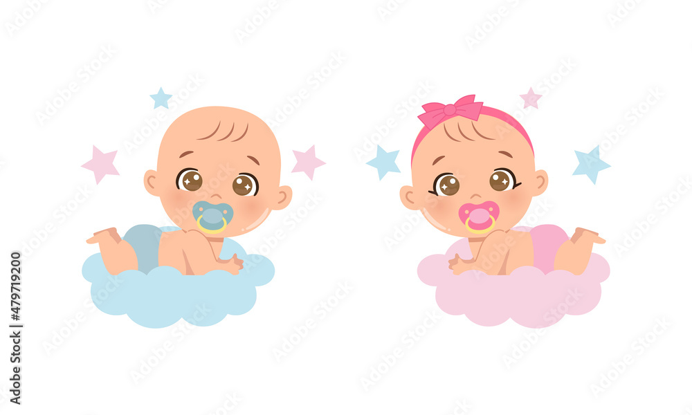Cute baby boy and girl gender reveal clipart. Flat vector cartoon design  Stock Vector | Adobe Stock