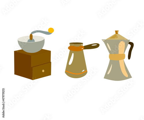 vector coffee equipment in flat and cartoon style, kettle, coffee maker, turk coffee on a white background