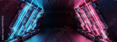 Slika na platnu Blue and pink spaceship interior with neon lights on panel walls