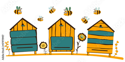 Vector apiary, bees, flowers. Flying bees. White background.