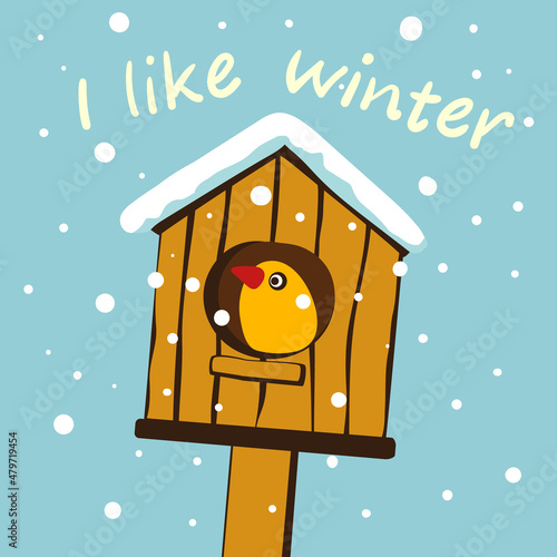 The bird sits in a birdhouse. Snow winter.