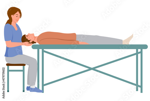 Female massagist or osteopath massaging neck area to client vector flat illustration. Woman doctor or physiotherapist making massage to lying on couch man isolated. Alternative medical treatment photo