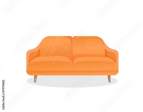 Comfortable luxury orange sofa on an isolated white background. Vector illustration of a stylish home couch for interior design. Modern furniture. Icon, element.