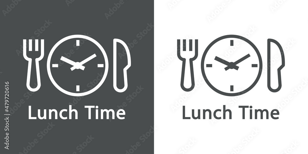 Logotipo con texto Lunch Time con esfera de reloj simple con tenedor y cuchillo con lineas en fondo gris y fondo blanco Logotipo con texto Lunch Time con esfera de reloj simple con tenedor y cuchillo con lineas en fondo gris y fondo blanco