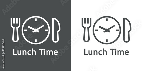 Logotipo con texto Lunch Time con esfera de reloj simple con tenedor y cuchillo con lineas en fondo gris y fondo blanco