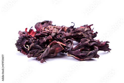 Hibiscus flower red tea karkade, dried petals of Sudanese rose isolated on white
