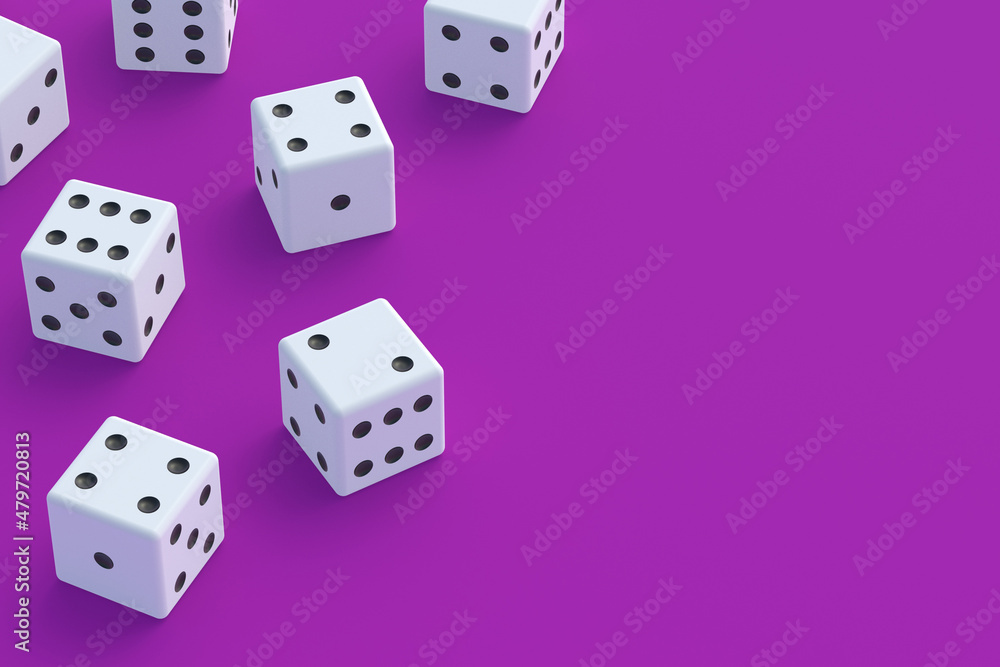 Board games. Addiction to gambling. Casino games. Random winnings. Jackpot. Leisure entertainment for the whole family. Scattered dice on violet background. Copy space. 3d render Board games. Addiction to gambling. Casino games. Random winnings. Jackpot. Leisure entertainment for the whole family. Scattered dice on violet background. Copy space. 3d render