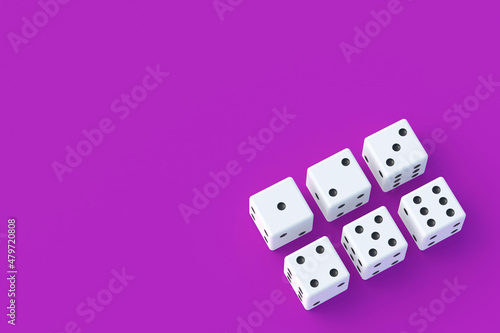 Board games. Addiction to gambling. Casino games. Random winnings. Jackpot. Leisure entertainment for the whole family. Dice in corner on violet background. Copy space. 3d render