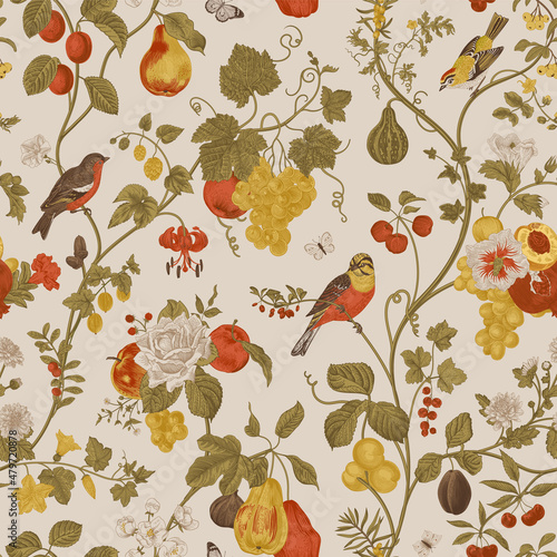 Harvest. Autumn seamless pattern. Fruit and flowers. Vector vintage illustration