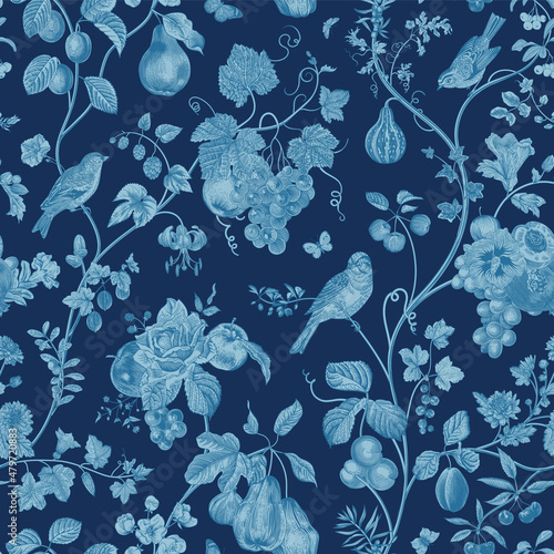 Luxury seamless pattern. Deep blue. Fruit and flowers. Vector vintage illustration