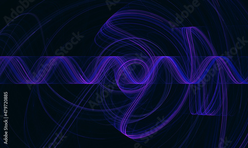 Dynamic purple violet digital 3d zigzag, laser spring or smooth wave in deep dark space. Glowing galactic radiance or concept of sound of rhythm. Great as cover print for electronics, poster, artwork.
