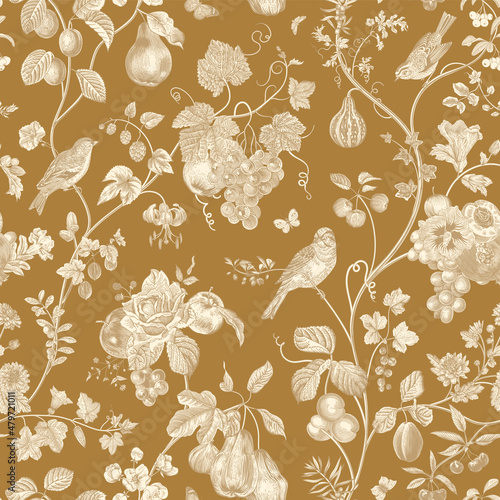 Luxury seamless pattern. Deep blue. Fruit and flowers. Vector vintage illustration. Gold