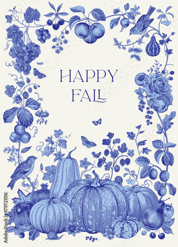 Happy Fall. Autumn frame with pumpkin and fruit. Vector Botanical illustration. Blue and white