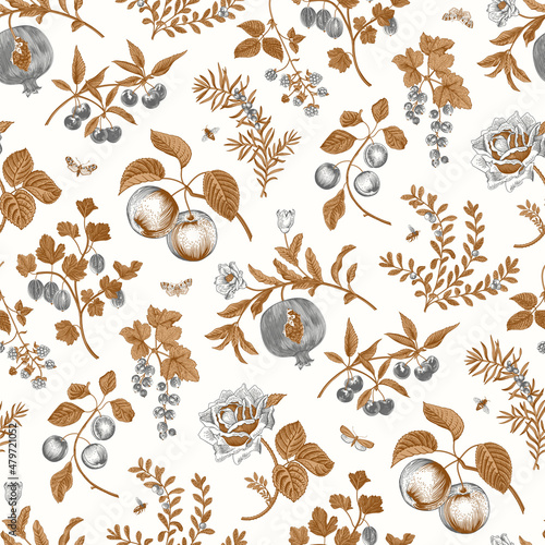 Fruit, berry and flowers. Autumn seamless pattern. Vector vintage illustration. Brown and gray