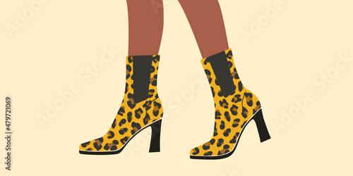 
Shoe, boots, footwear. Woman, female, girls shoes.Glamour fashion style shoes with leopard print.Feet, legs walking in elegant women leather boots with heel.Colorful Isolated flat vector illustration