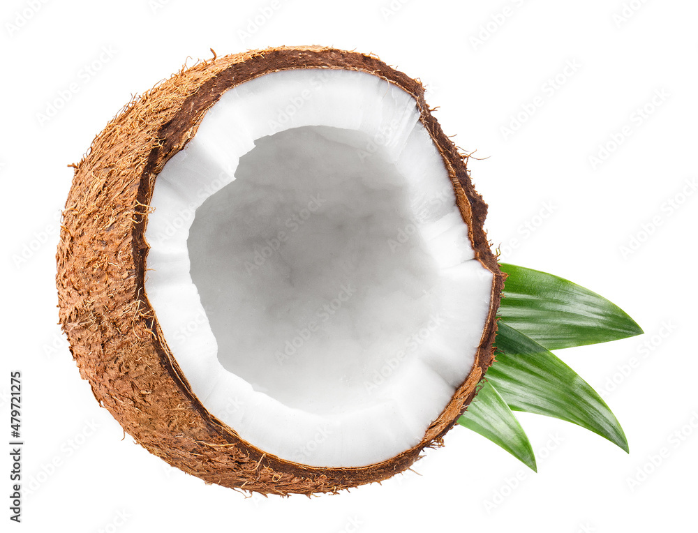 Half of delicious coconut with leaves, isolated on white background Half of delicious coconut with leaves, isolated on white background