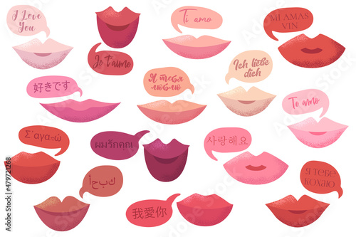 Vector illustration with colorful lips and phrases I Love You in different languages isolated on white background. Diverse cultures  international communication  Valentines Day concept