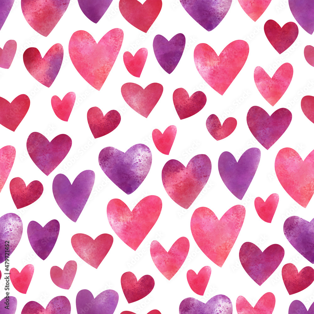 Watercolor seamless pattern with hearts on white background. Great for fabrics, wrapping papers, wallpapers, covers. Hand painted illustration. Purple and pink colors.