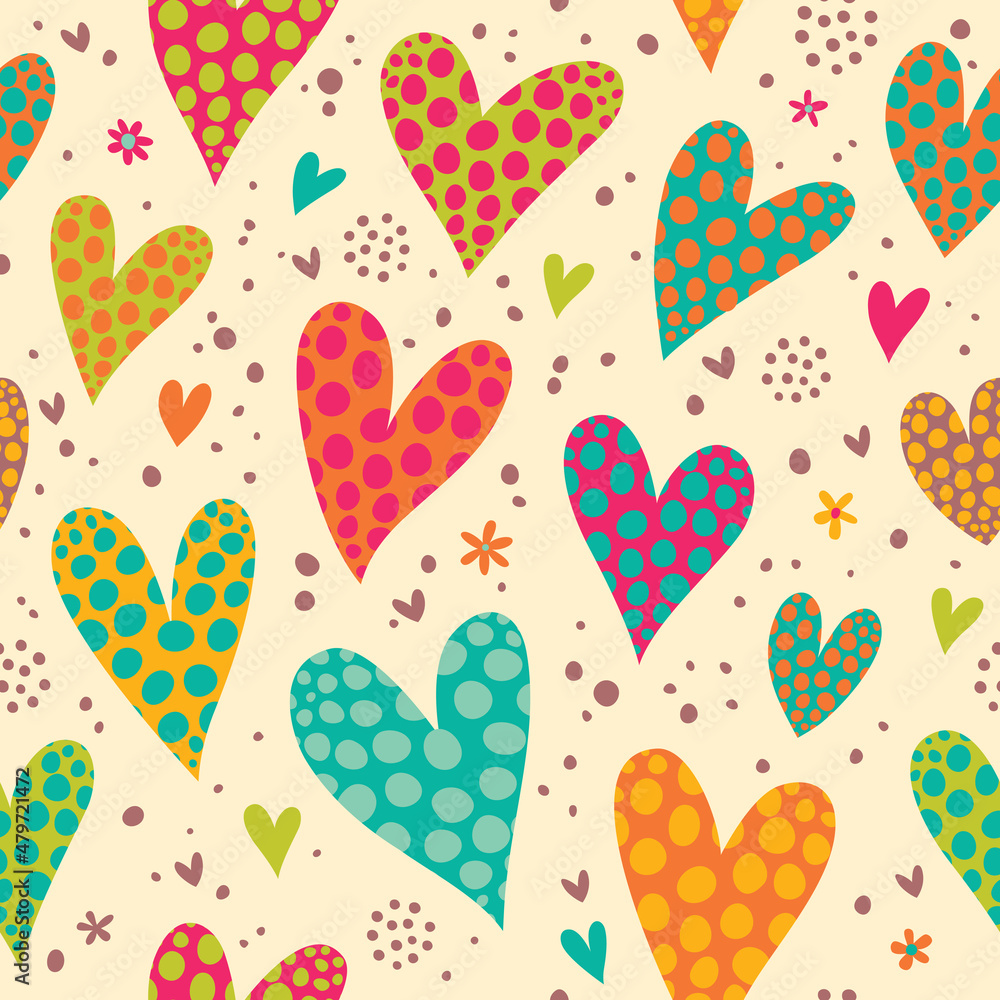 Seamless pattern with bright polka dot hearts.