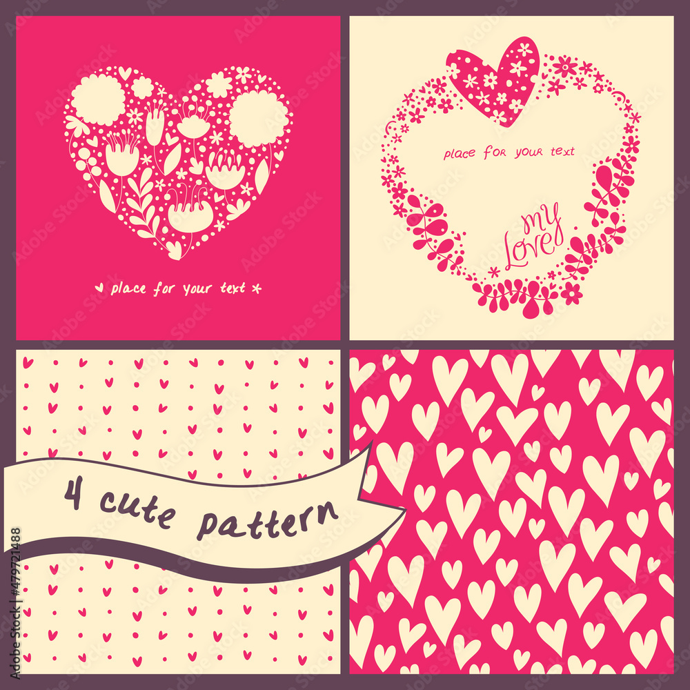 Set with seamless patterns and cards with hearts and flowers. Design in pink and beige tones.
