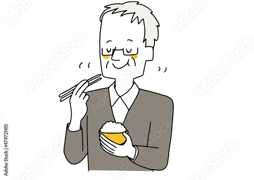 よく噛んで食事をする高齢の男性　温かみのある手描きの人物イラスト　白地にベクター